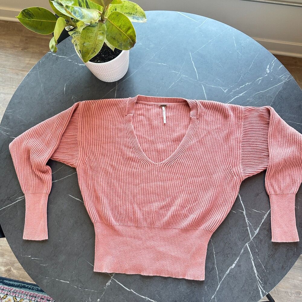 Free People Allure Pullover vneck Dusty Rose Mauve Long-sleeve Ribbed Sweater XS